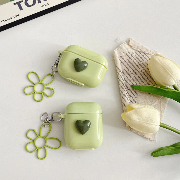 Matcha Green Heart and Daisy Charm Airpod Case Cover