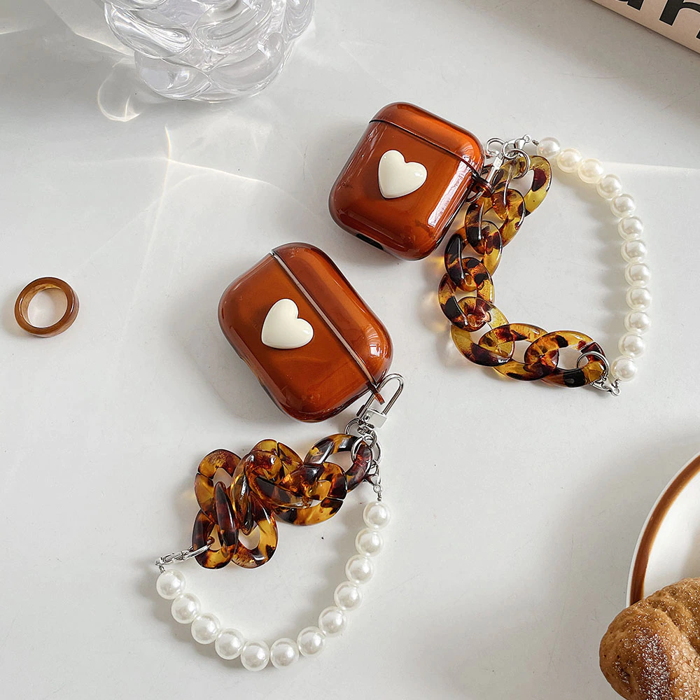 White Heart and Tortoiseshell Pearl Strap Airpod Case Cover