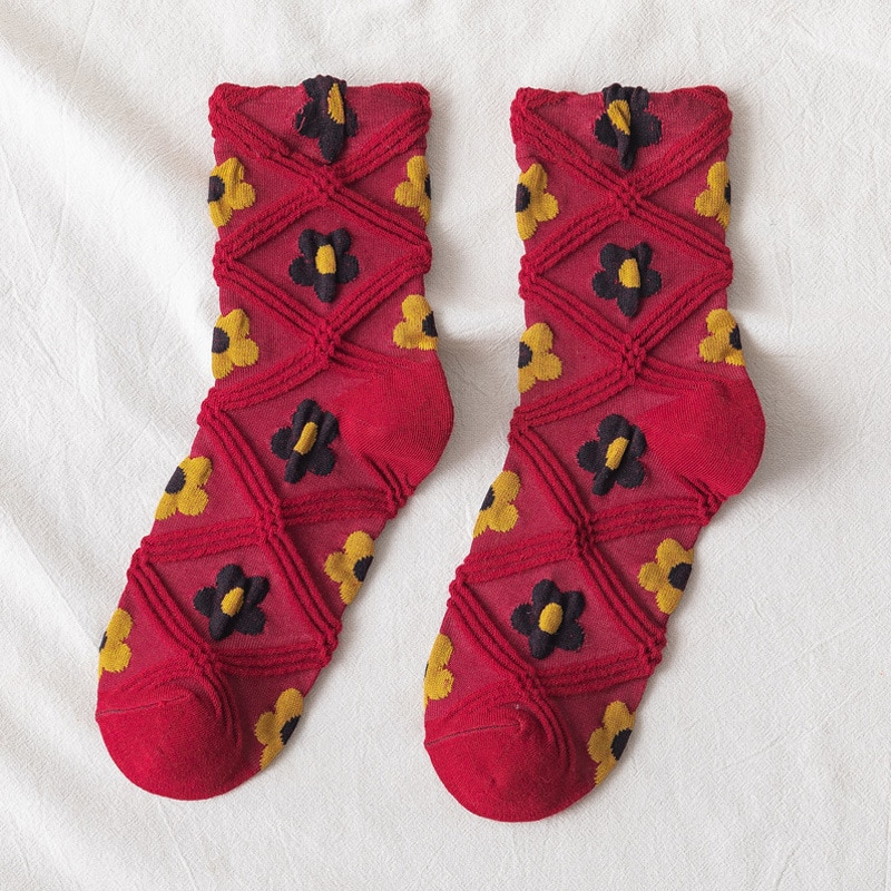 Textured Flower Crew Socks (5 Colours) - Ice Cream Cake