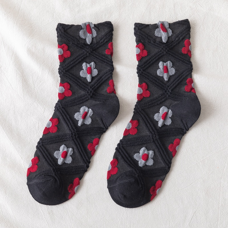 Textured Flower Crew Socks (5 Colours) - Ice Cream Cake