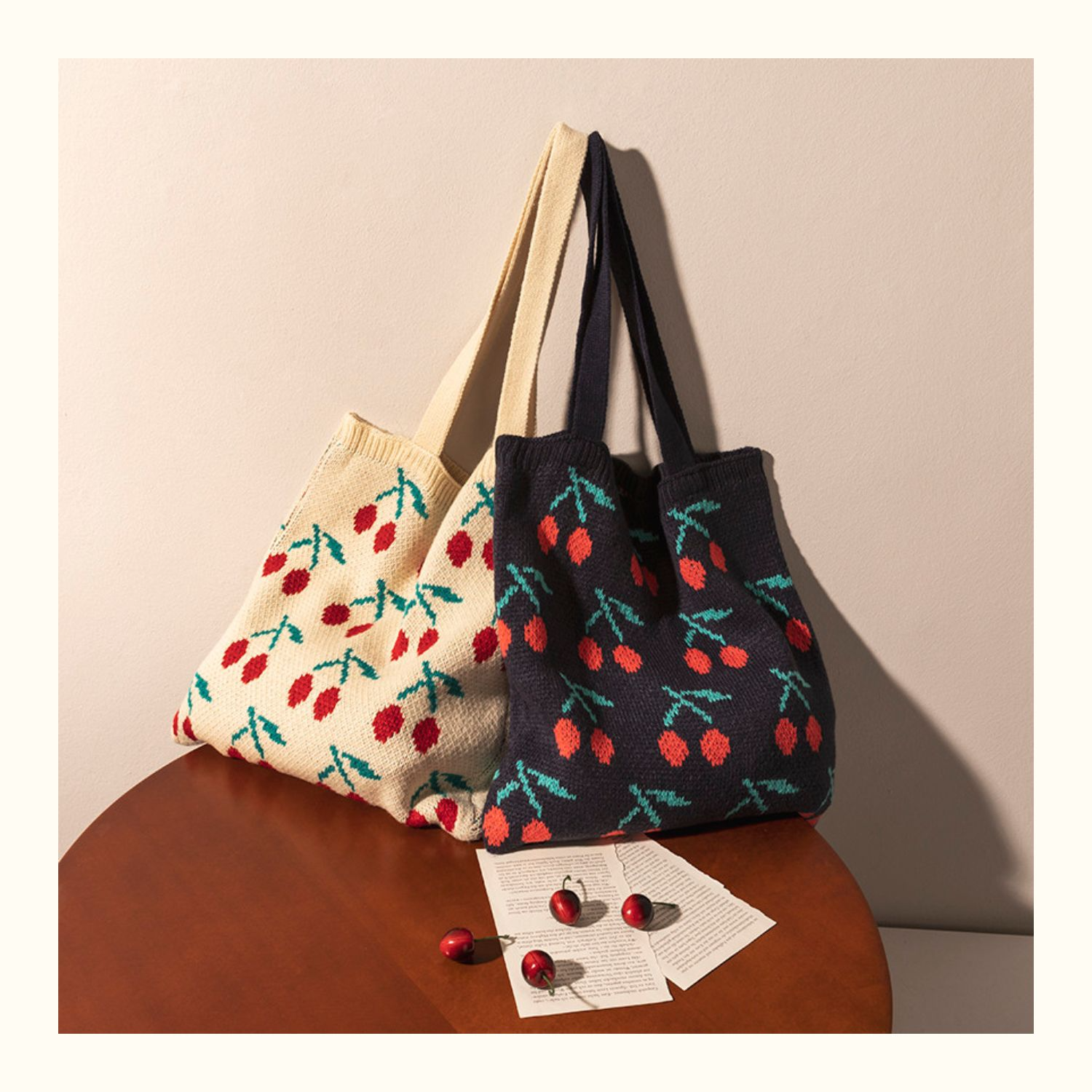 Cherry Pattern Knitted Tote (2 Colours)