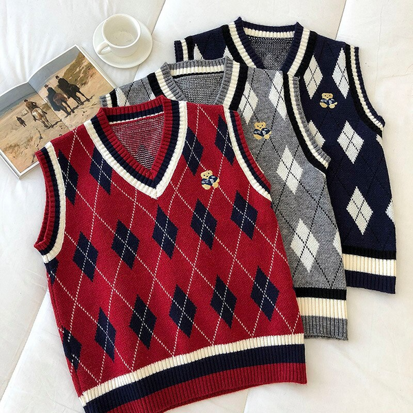 Embroidered Teddy Argyle Sweater Vest (3 Colours)