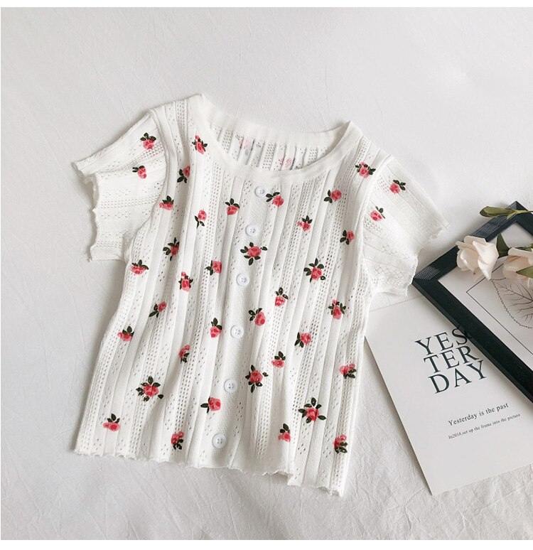 Knitted Ribbed Rose Pattern Tee (5 Colours)