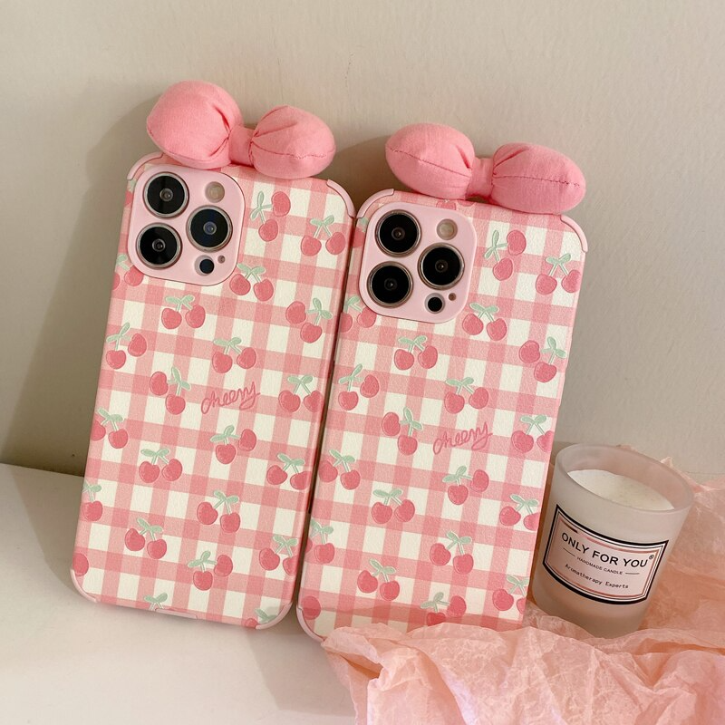 Gingham Cherry Pattern iPhone Case with Bow