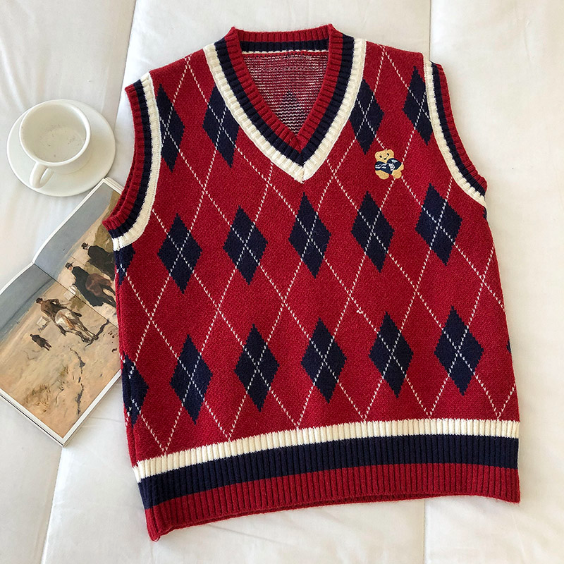 Embroidered Teddy Argyle Sweater Vest (3 Colours)