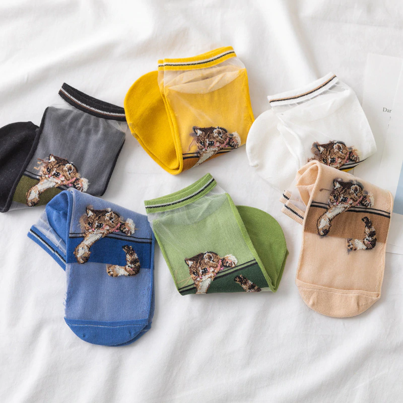Sheer Embroidered Kitten Sneaker Socks (6 Colours)