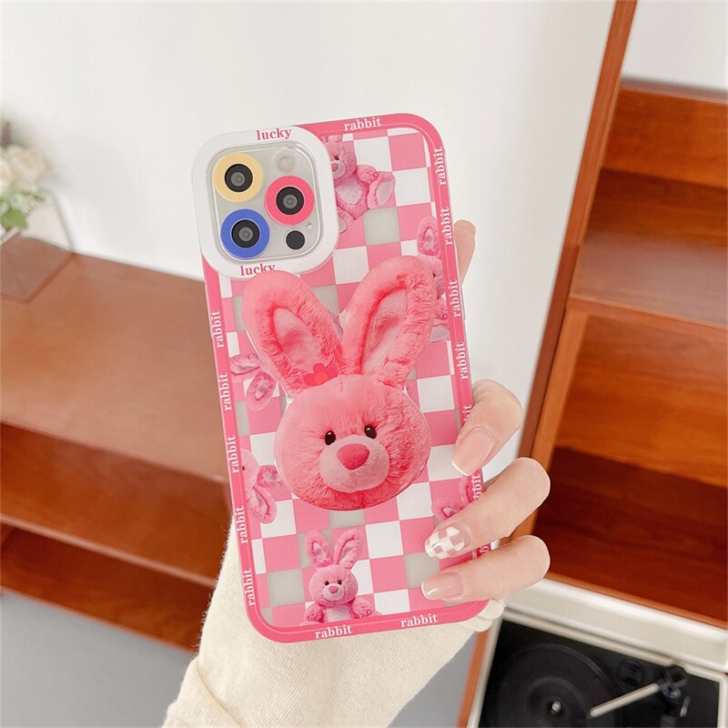 Pink Checkerboard iPhone Case with Plush Bunny Pattern and Grip