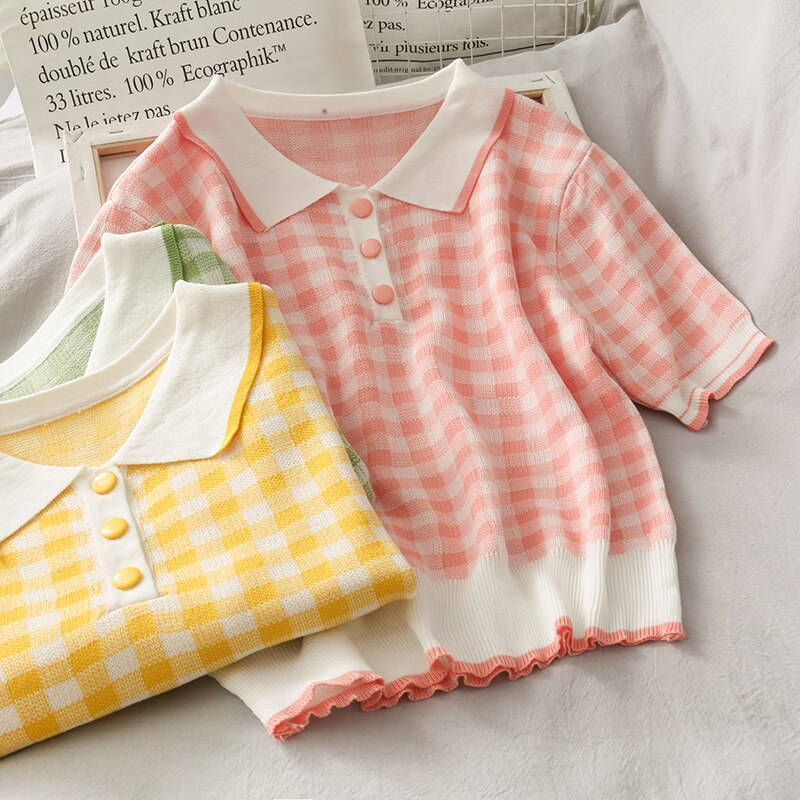 Pastel Gingham Knit Polo Shirt (4 Colours)