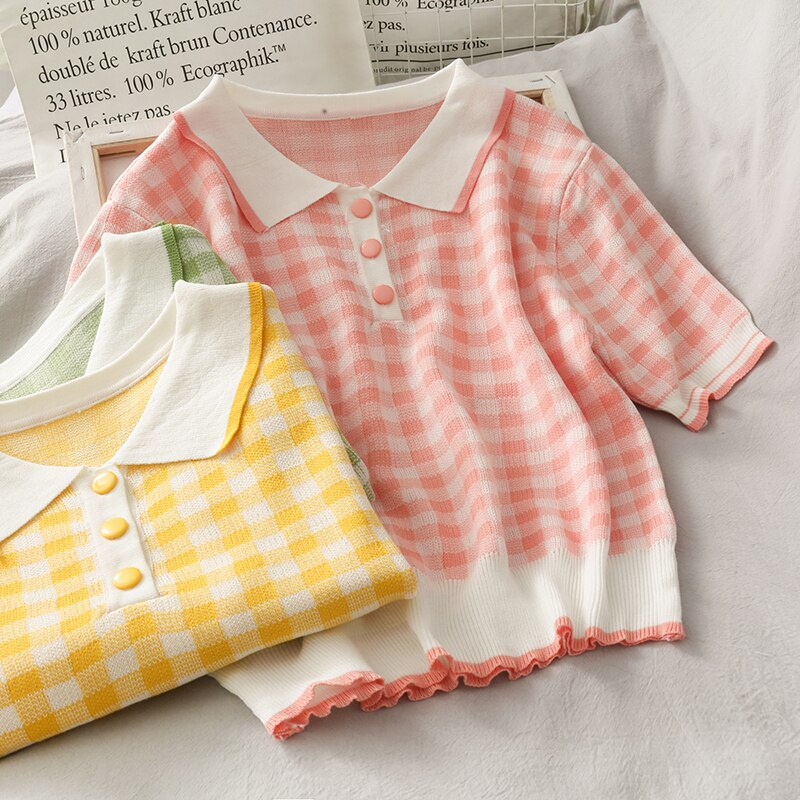 Pastel Gingham Knit Polo Shirt 4 Colours Ice Cream Cake