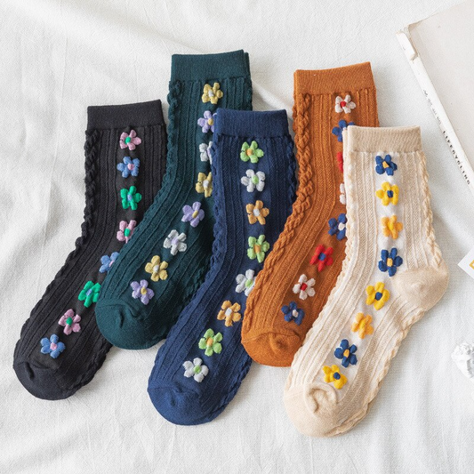 Puffy Flower Crew Socks (5 Colours)