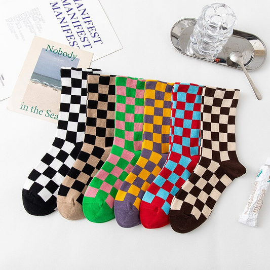 Checkerboard Pattern Crew Socks (6 Colours)