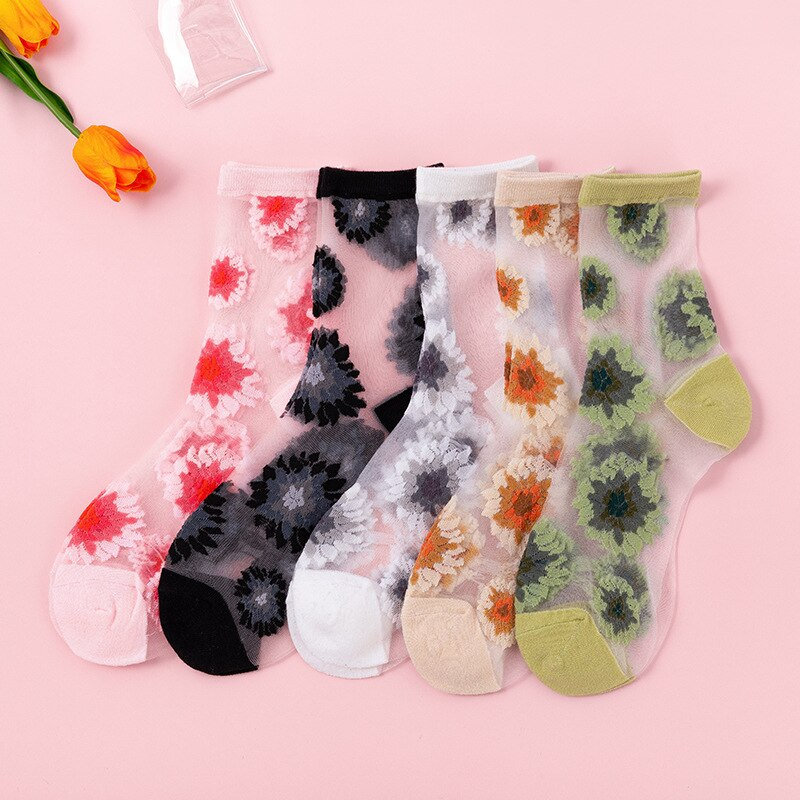 Sheer Flower Pattern Ankle Socks 5 Colours Ice Cream Cake