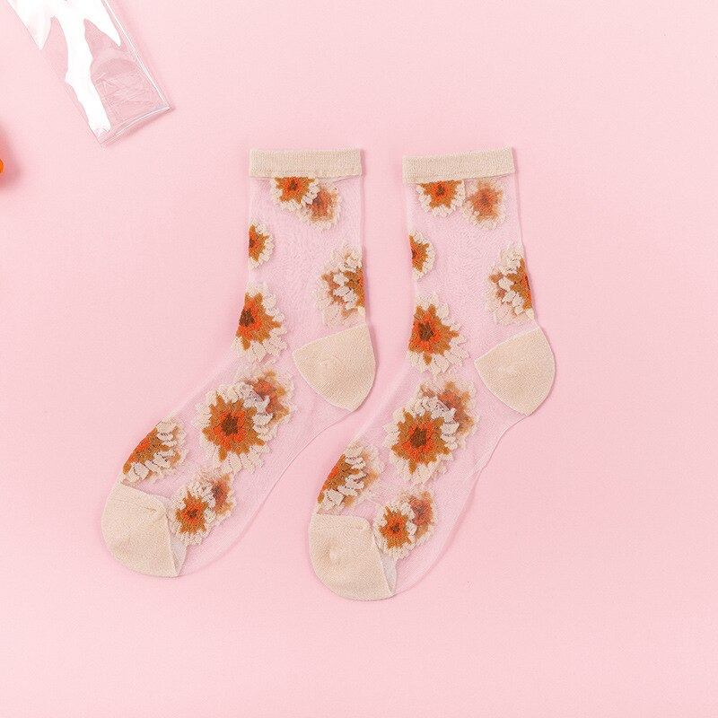 Sheer Flower Pattern Ankle Socks (5 Colours)