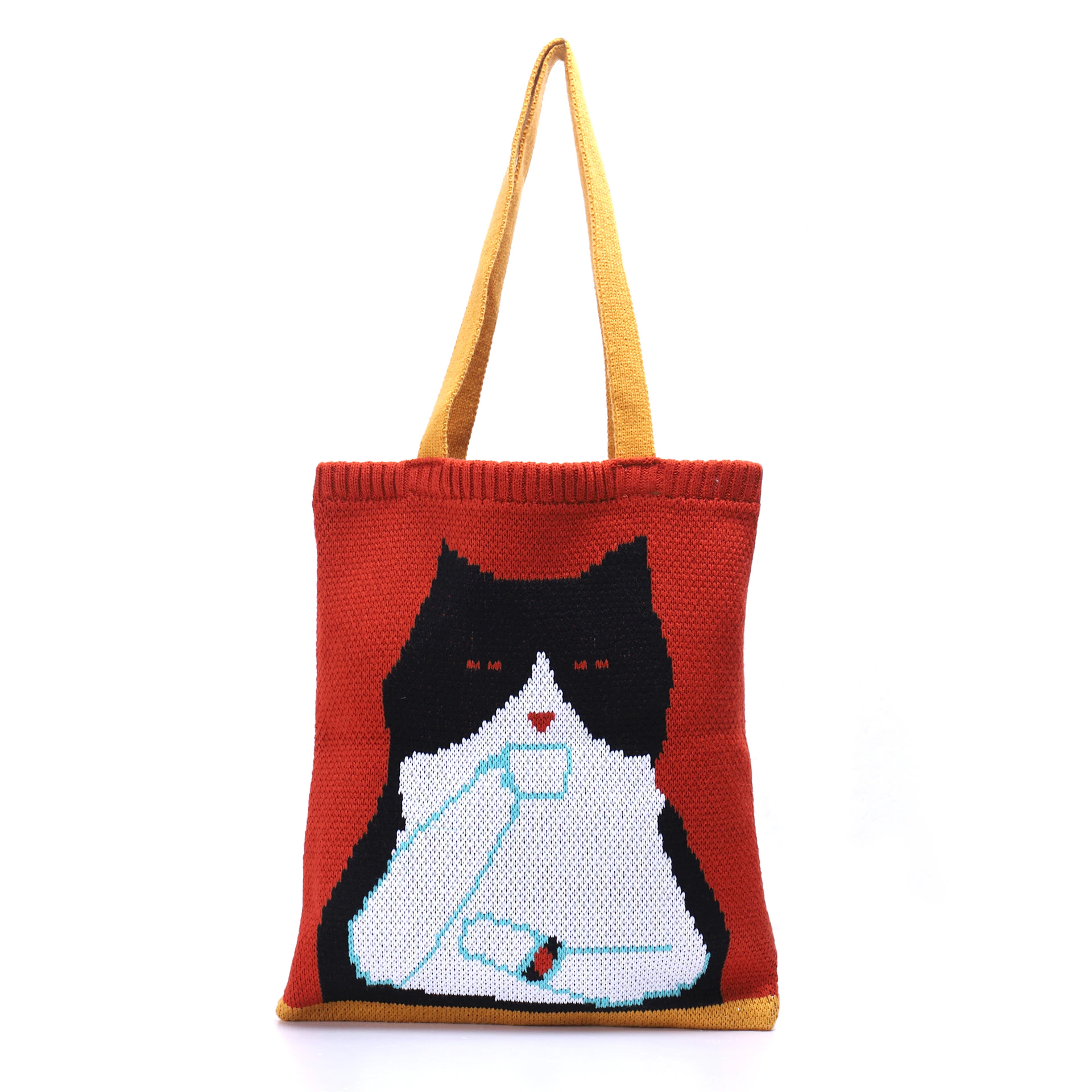 Tea Drinking Cat Knitted Tote