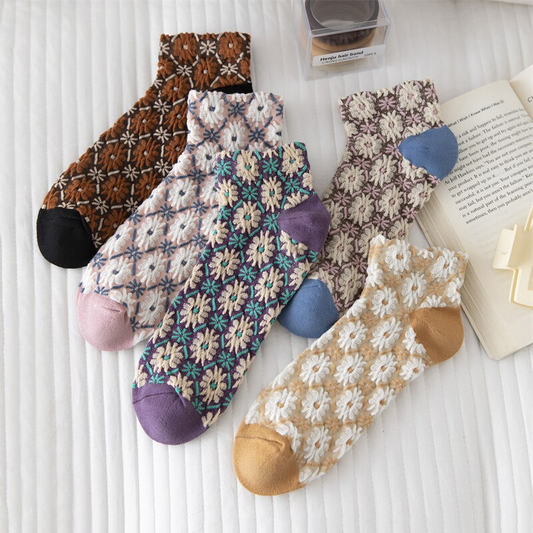 Textured Floral Crew Socks (5 Colours)