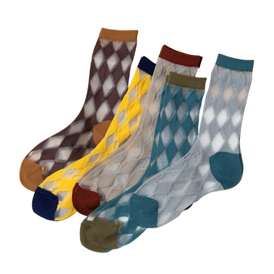 A set of sheer crew socks with an allover diamond pattern, displayed in five different colors: brown, yellow, blue, gray, and green.
