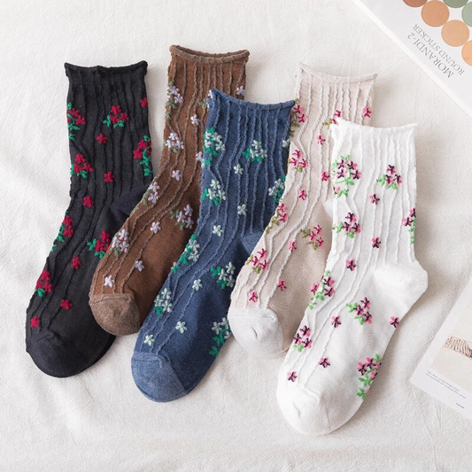 Textured Flower Crew Socks (5 Colours)