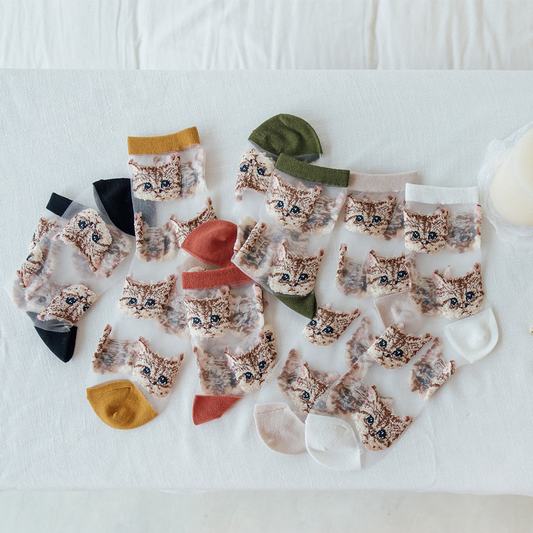 Sheer Embroidered Cat Face Socks (8 Colours) - Ice Cream Cake