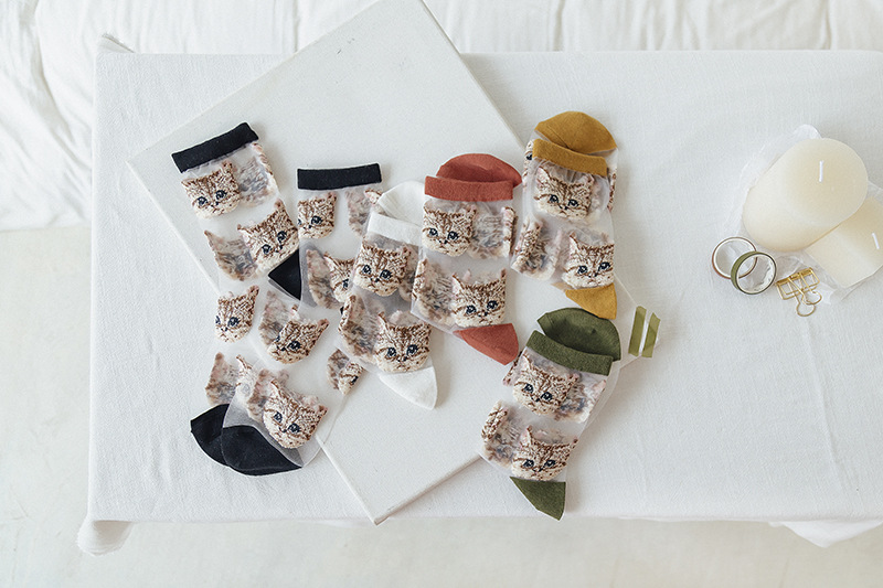 Sheer Embroidered Cat Face Socks (8 Colours) - Ice Cream Cake