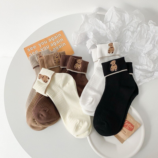 Foldover Teddy Bear Embroidery Crew Socks (6 Colours)