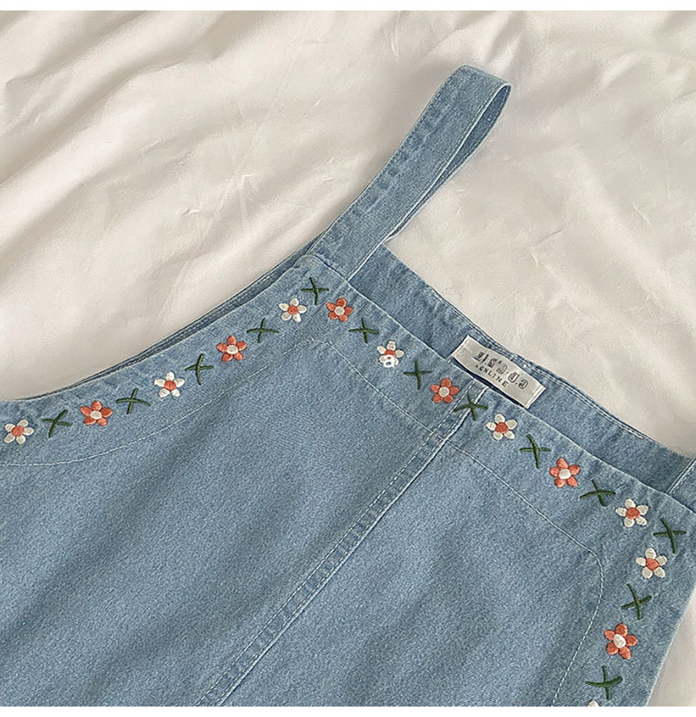 Flower Embroidery Denim Overall Dress