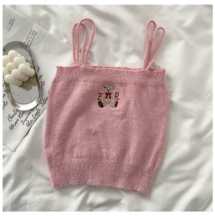 Bowtie Bear Embroidery Knitted Crop Top (3 Colours)