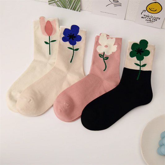 Peeping Leaf Flower Crew Socks (4 Designs)