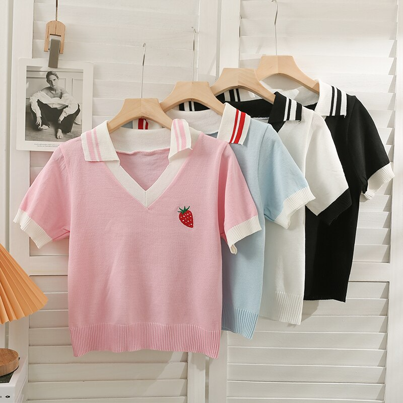 Strawberry Embroidery Polo Top (4 Colours)