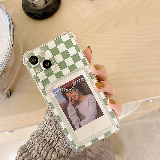 Green Checkerboard iPhone Case with Photo Card Slot