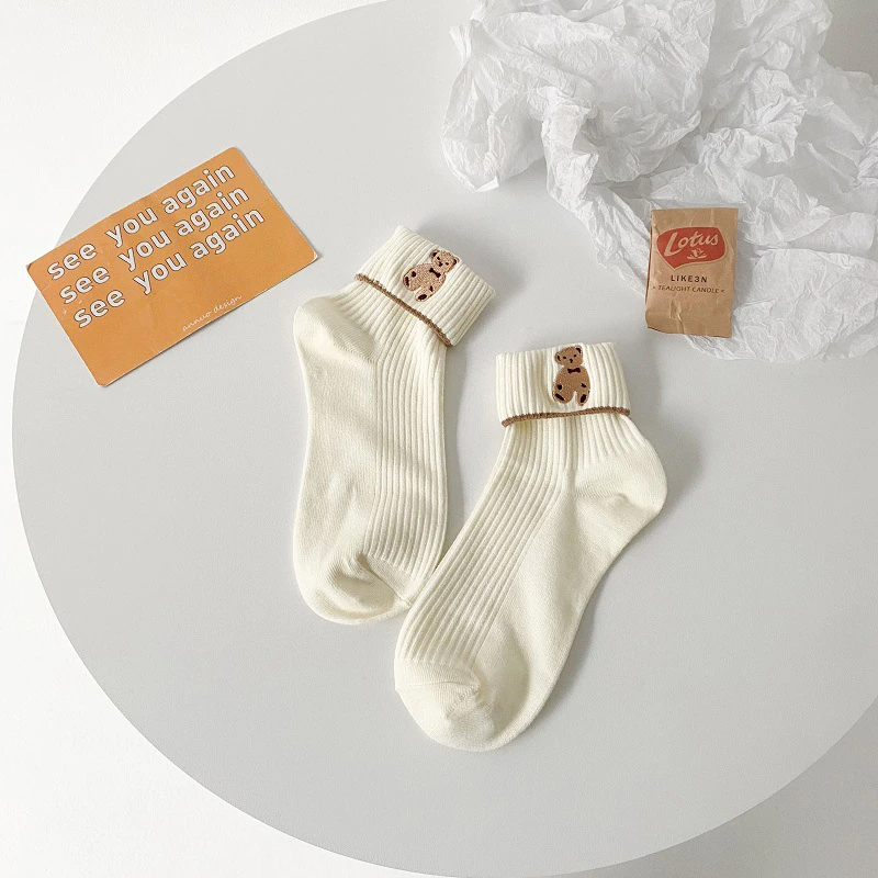 Foldover Teddy Bear Embroidery Ankle Socks (6 Colours)