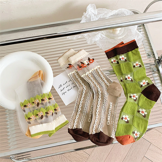 Sheer Cottagecore Pattern Ankle Socks (3 Colours)
