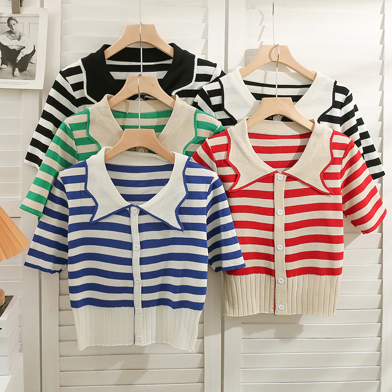 Pointed Collar Striped Knit Polo Shirt (5 Colours)