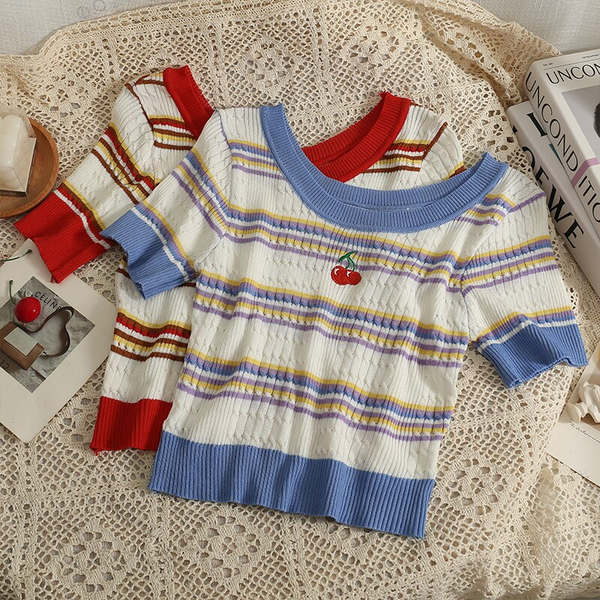 Striped Knitted Cherry Embroidery Tee (2 Colours)