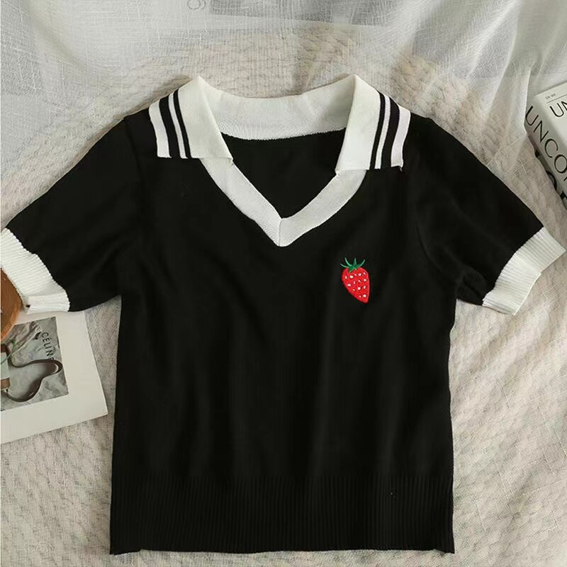 Strawberry Embroidery Polo Top (4 Colours)