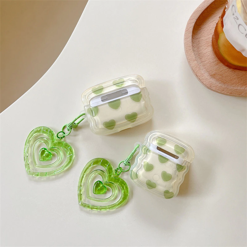 Y2k Green Hearts AirPods Charger Case Cover with Charm Strap
