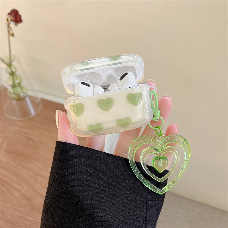 Y2k Green Hearts AirPods Charger Case Cover with Charm Strap