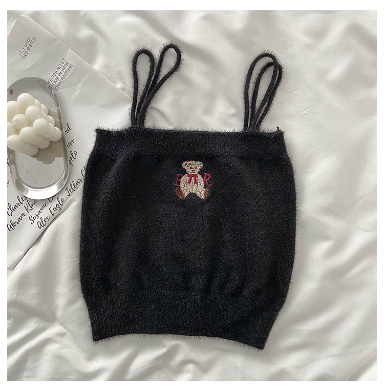 Bowtie Bear Embroidery Knitted Crop Top (3 Colours)