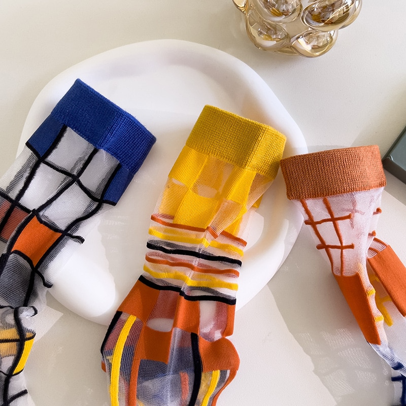 Transparent Mondrian Pattern Ankle Socks (3 Designs)