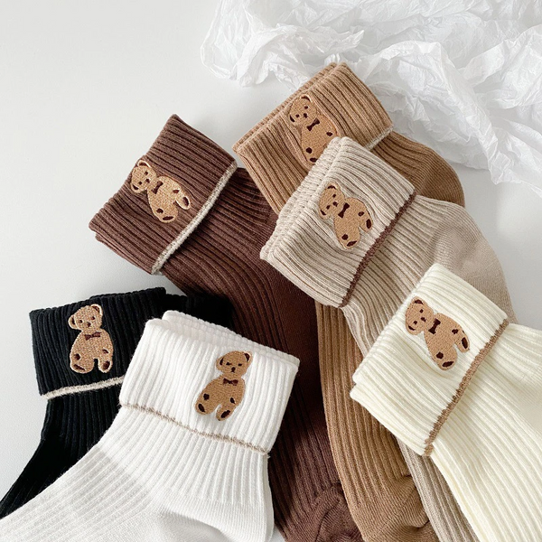 Foldover Teddy Bear Embroidery Ankle Socks (6 Colours)