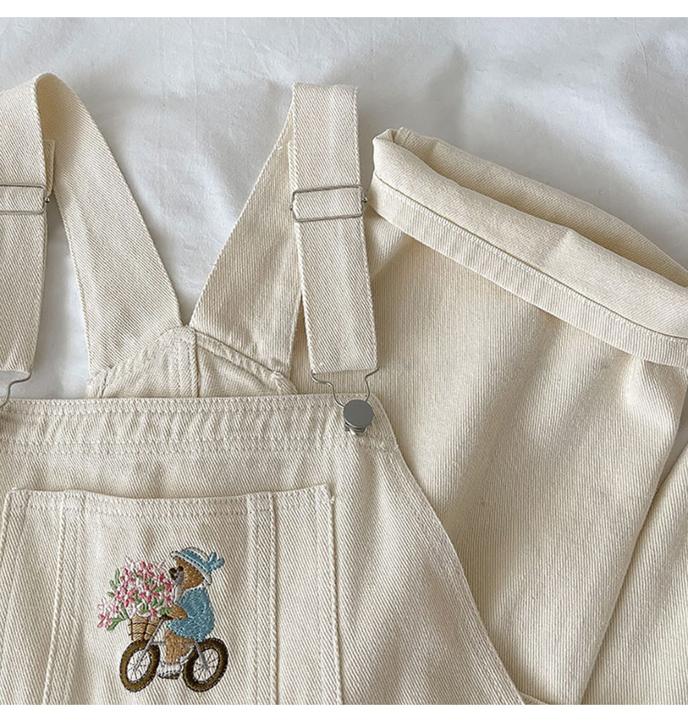 Flower Cottage Bear Embroidered Overalls