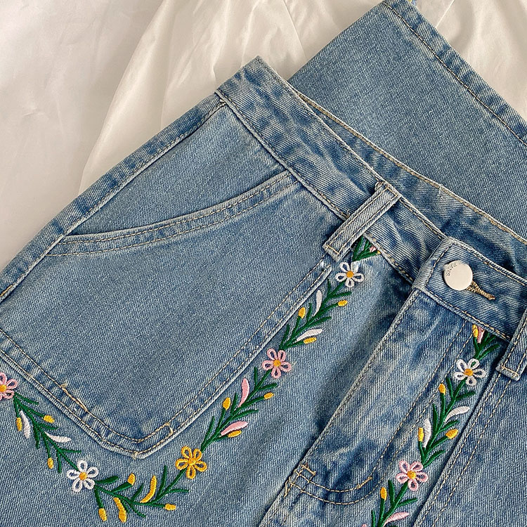 Flower Embroidery Denim Midi Skirt