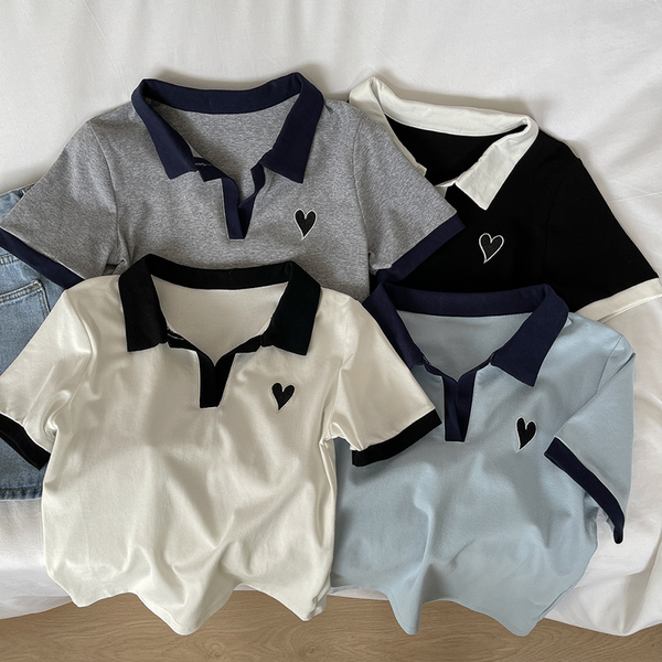 Heart Embroidery Polo Top (4 Colours)