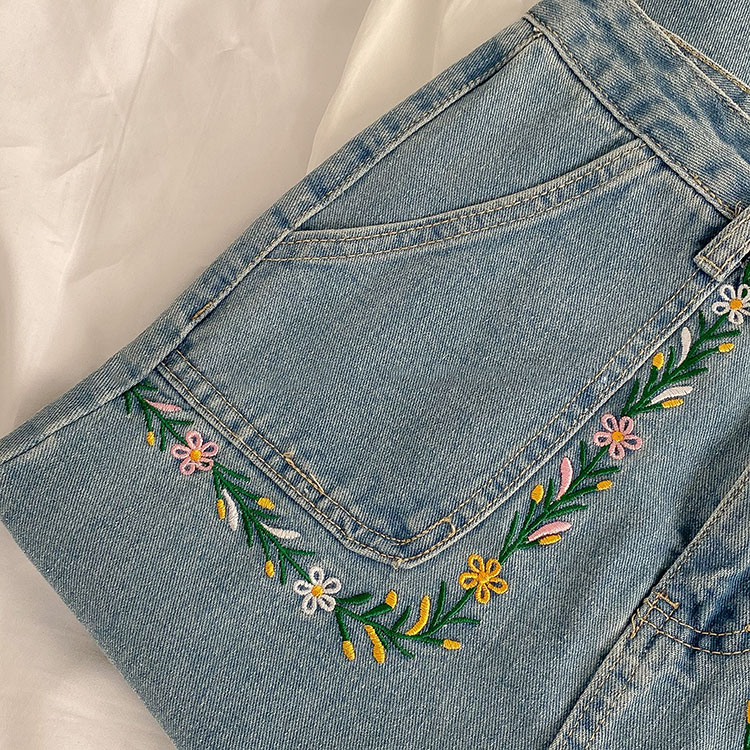 Flower Embroidery Denim Midi Skirt