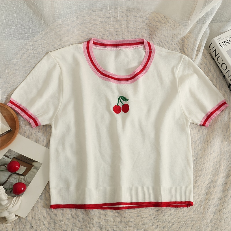 Knitted Cherry Embroidery Tee (3 Colours)