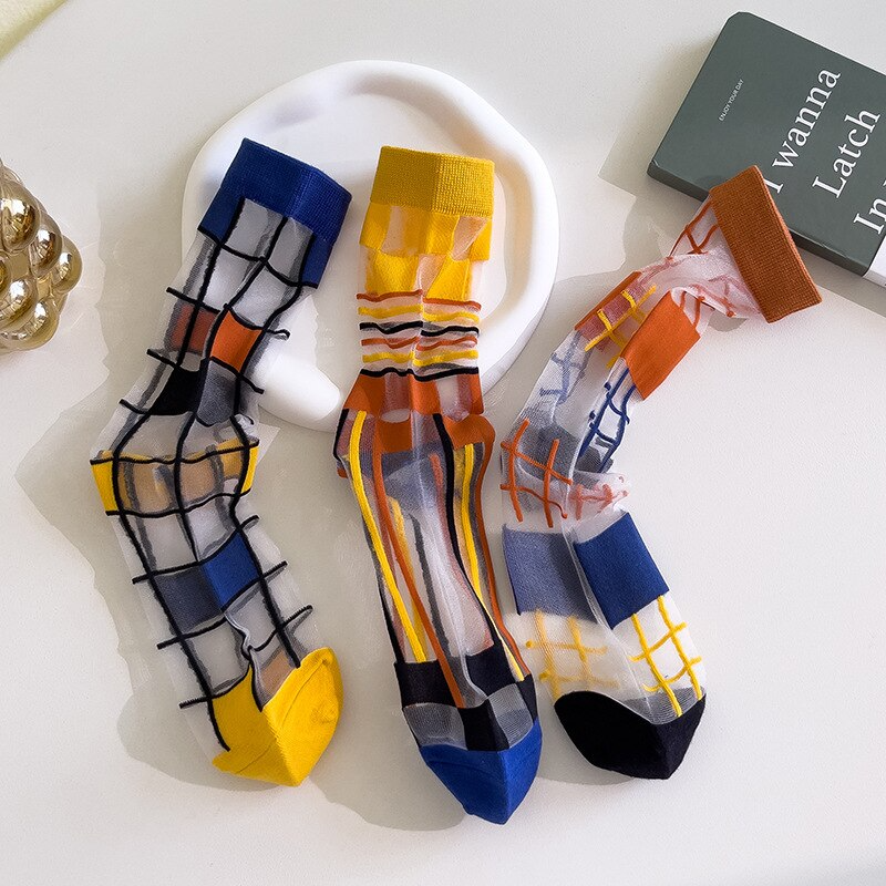 Transparent Mondrian Pattern Ankle Socks (3 Designs)