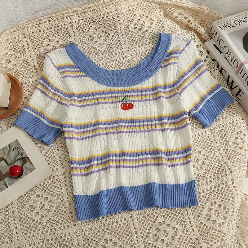 Striped Knitted Cherry Embroidery Tee (2 Colours)