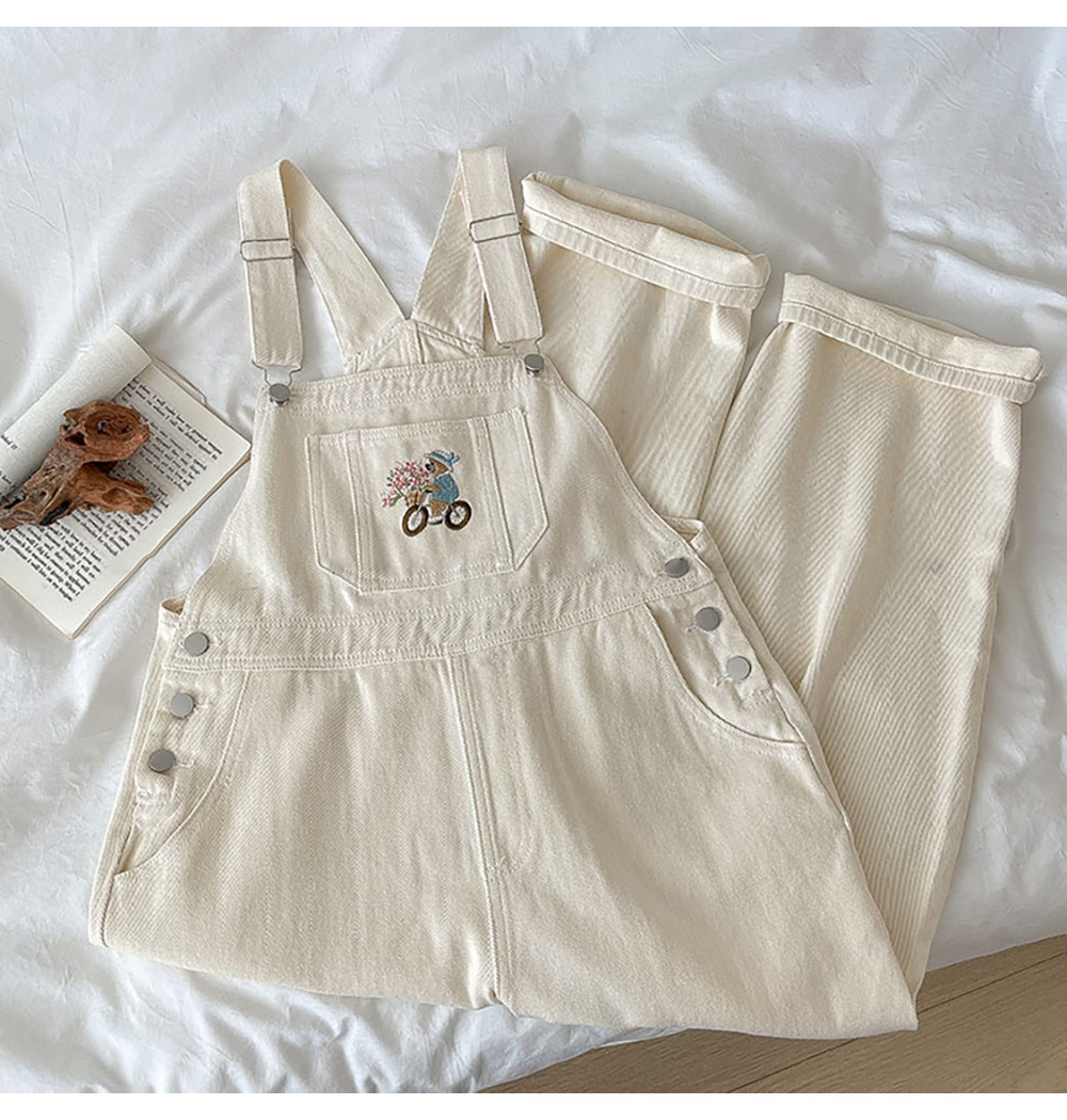 Flower Cottage Bear Embroidered Overalls