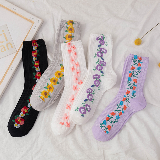 Textured Floral Crew Socks (5 Colours)