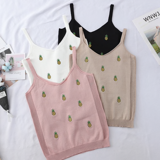 Pineapple Embroidery Knit Tank Top (4 Colours) - Ice Cream Cake