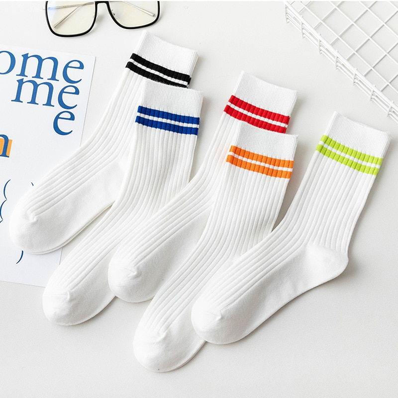 White Vintage Sports Style Stripe Socks 5 Colours Ice Cream Cake